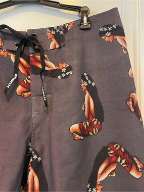 Men's Vintage Hinano Tahiti Hawaiian Print Swim Board Shorts with Drawstring